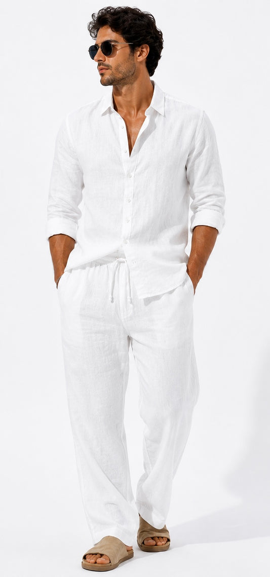 Conjunto de Lino Blanco para Hombre | Camisa Manga Larga + Pantalón Casual | ARDER