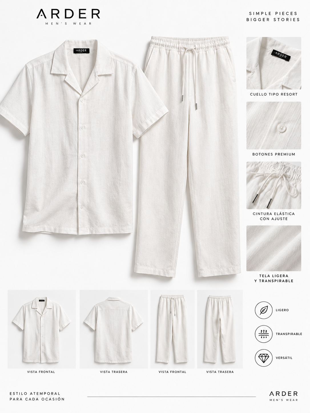 Conjunto Blanco para Hombre – Camisa Manga Corta y Pantalón