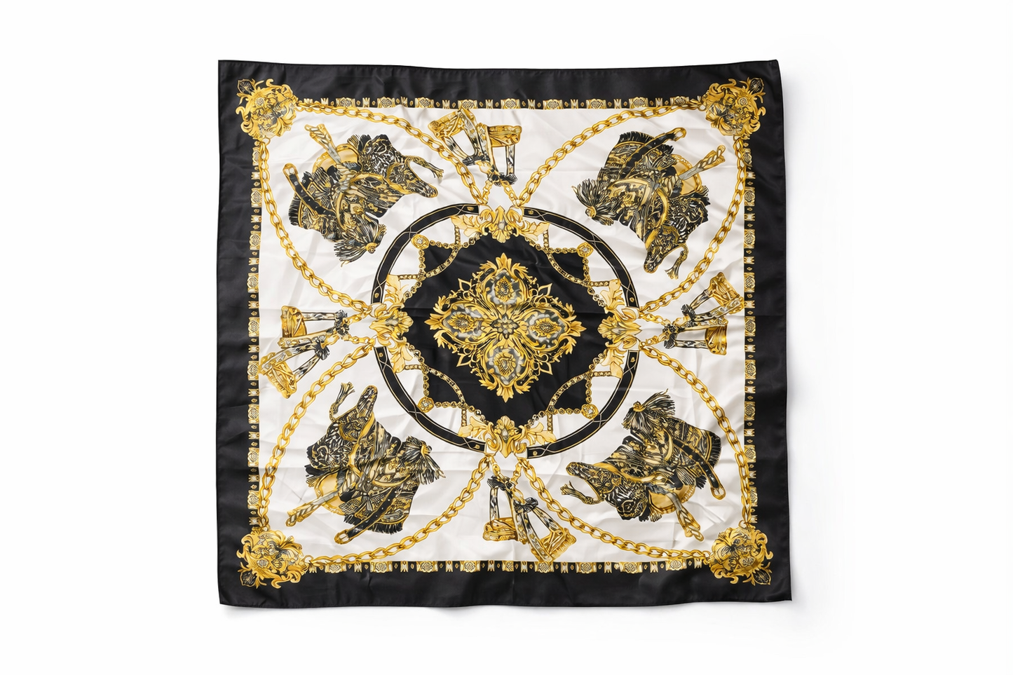 Bandana Satinada Negra con Diseño Dorado Ecuestre | Pañuelo de Moda Unisex