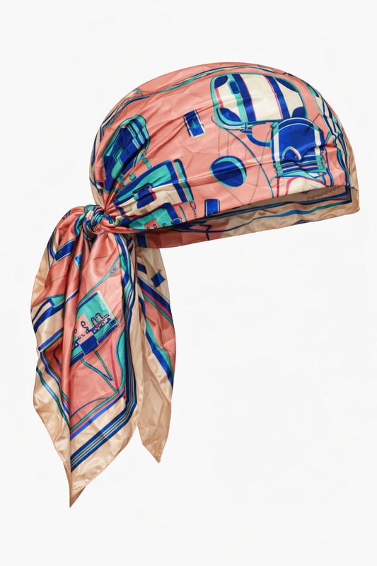 Bandana Satinada Rosa con Diseño de Accesorios | Pañuelo de Seda para Cabeza Unise