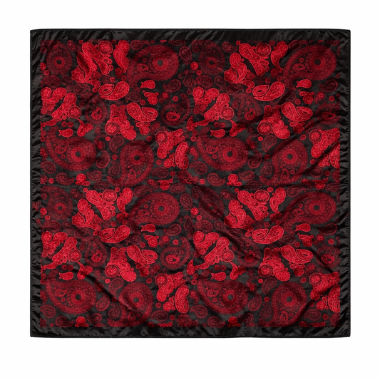 Bandana Satinada Negra con Diseño Rojo | Pañuelo Paisley para Cabeza Unisex