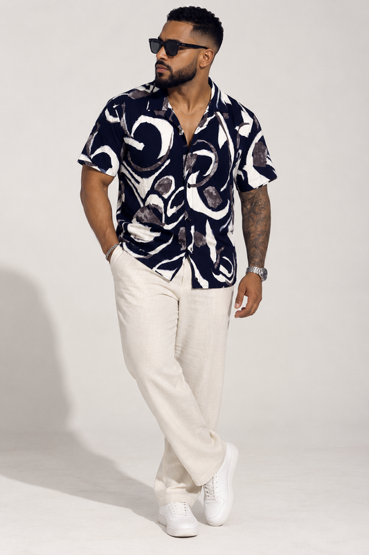 Camisa Hombre Manga Corta Estampado Abstracto Azul Marino – ARDER
