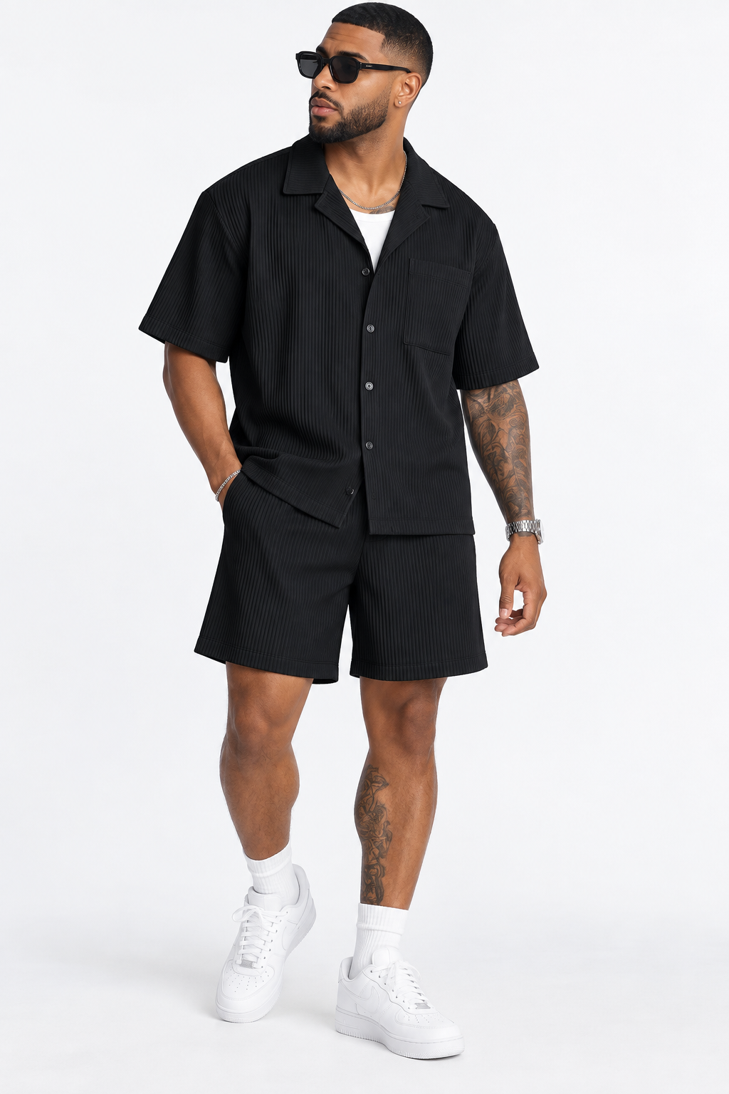 Conjunto Negro de Hombre 2 Piezas – Camisa y Short Texturizado