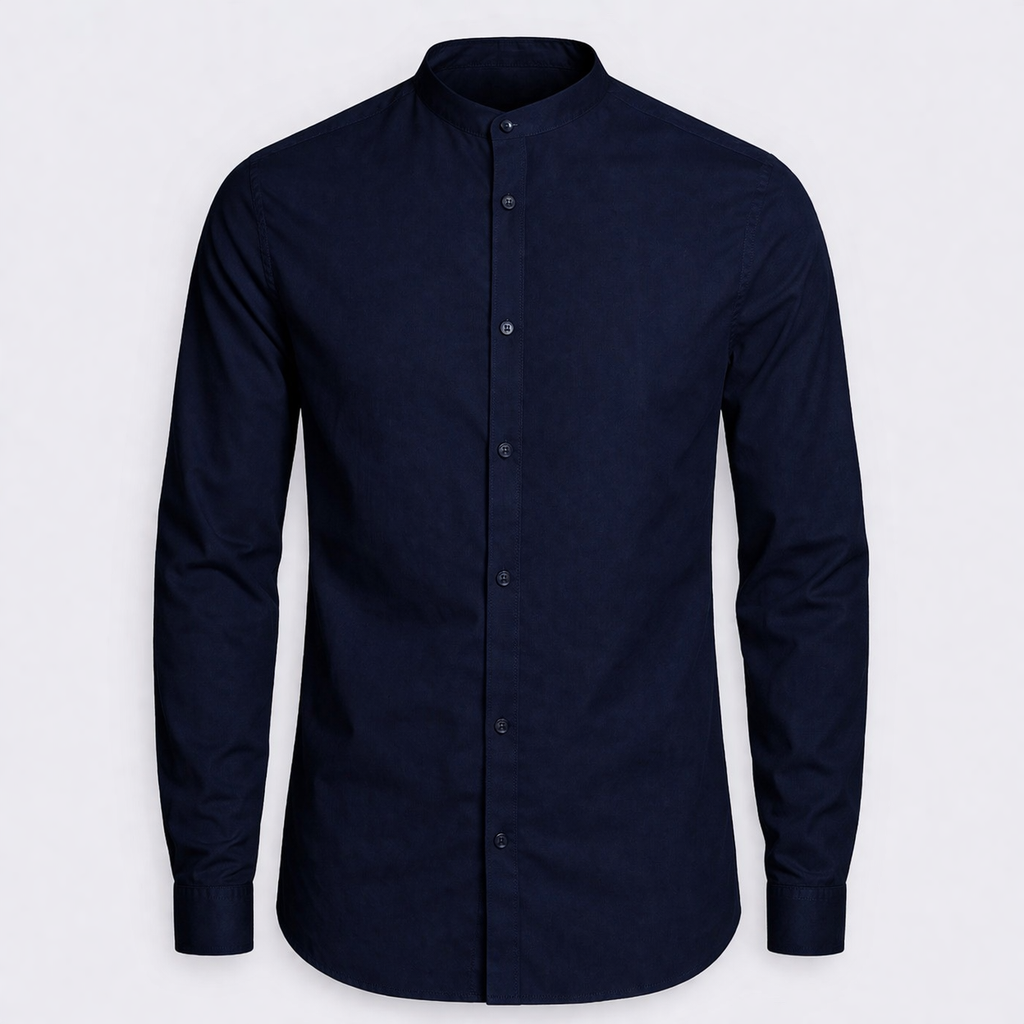 Camisa Hombre Navy Blue Slim Fit Cuello Mao | Elegante y Moderna