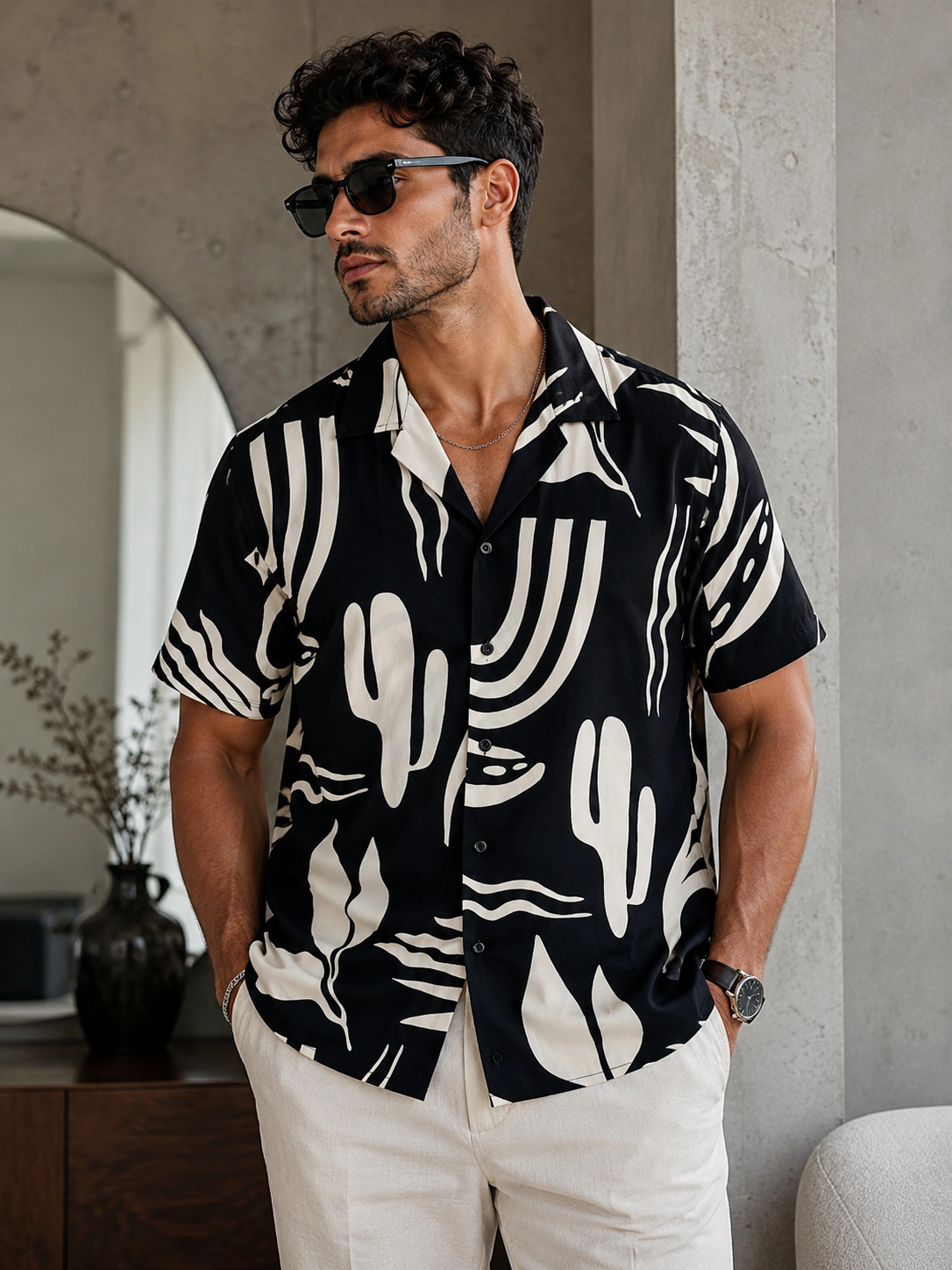 Camisa Negra Hombre Estampado Abstracto Premium | Manga Corta | ARDER