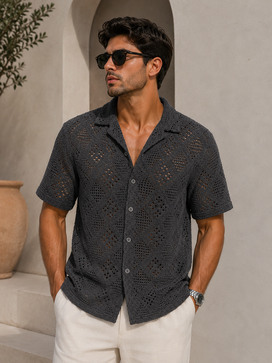 Camisa Crochet Gris Oscuro para Hombre | Tejido Premium ARDER República Dominicana