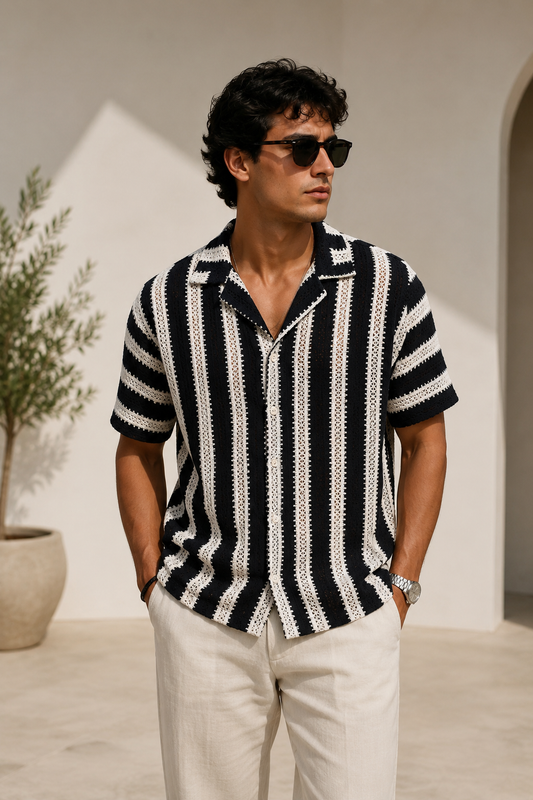 Camisa Crochet Hombre Negra con Rayas Blancas | Camisa Tejida Manga Corta | ARDER