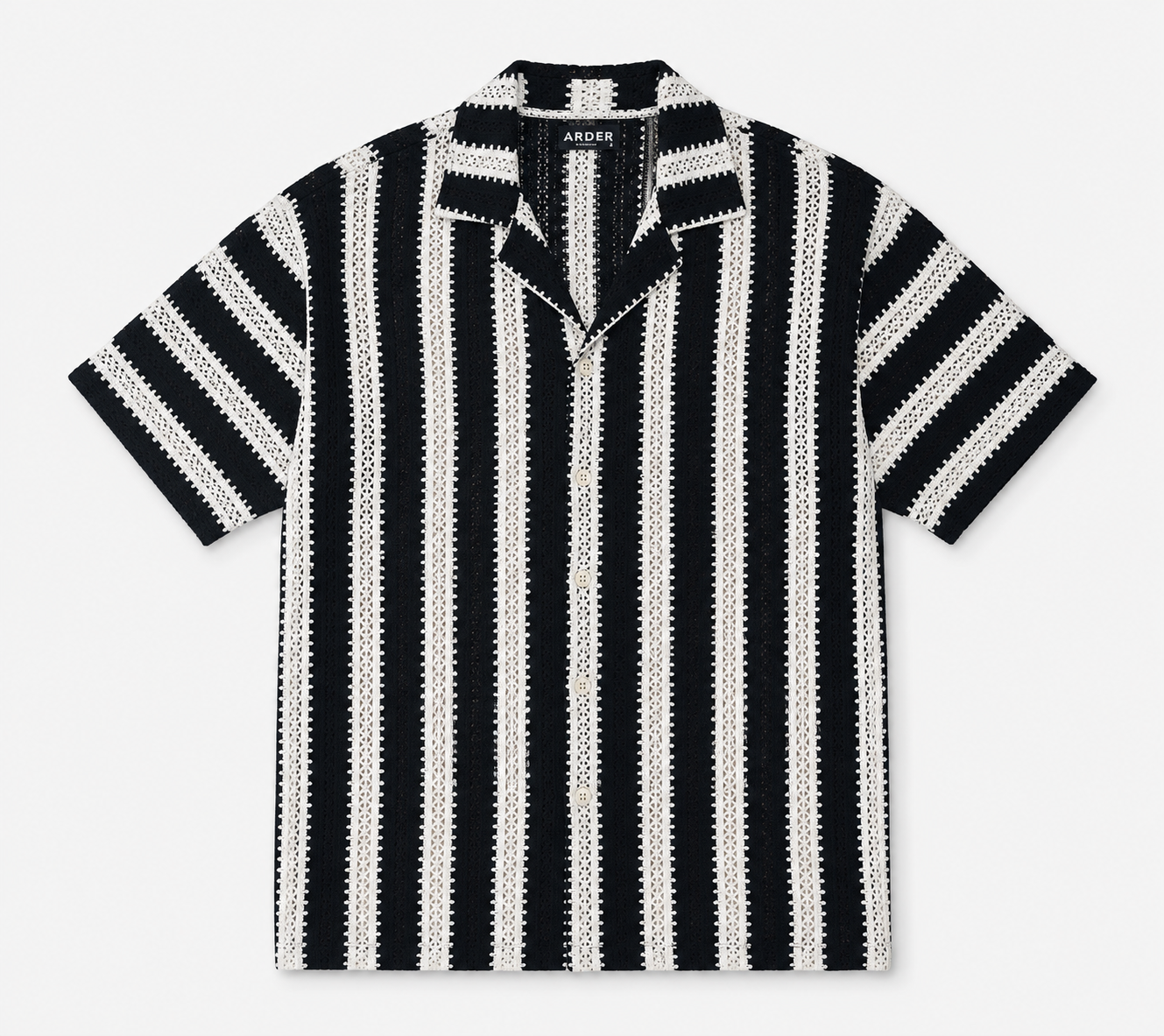 Camisa Crochet Hombre Negra con Rayas Blancas | Camisa Tejida Manga Corta | ARDER