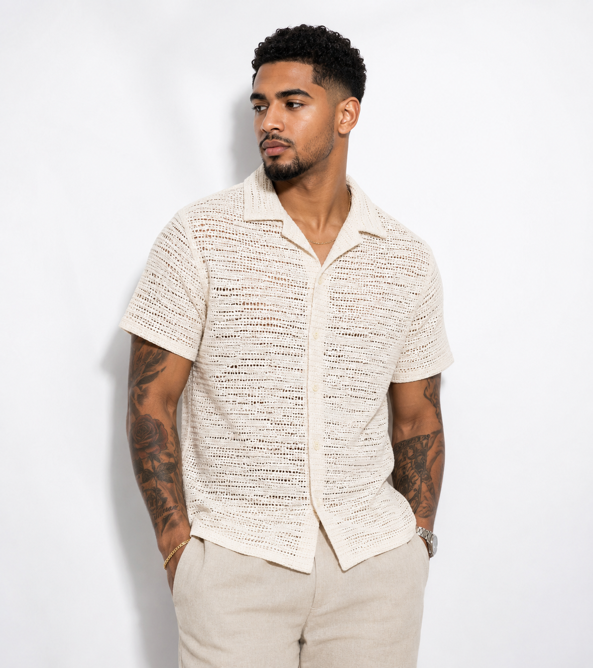Camisa Crochet Beige para Hombre | Manga Corta Premium | Arder República Dominicana