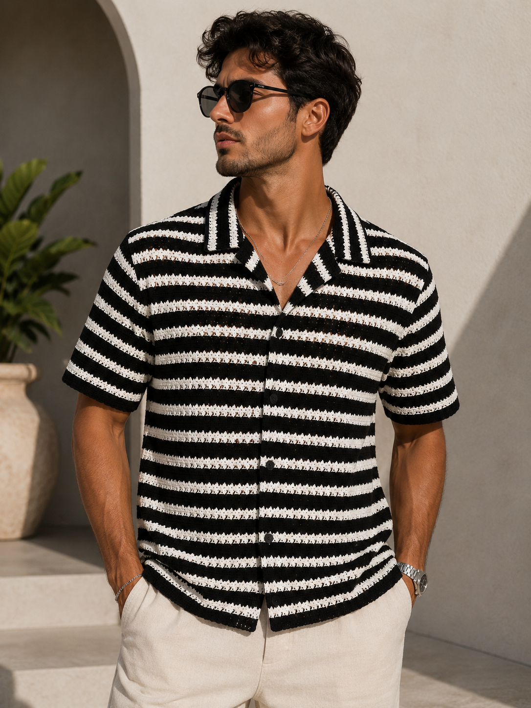 Camisa Crochet Rayas Blanco y Negro para Hombre | Arder República Dominicana