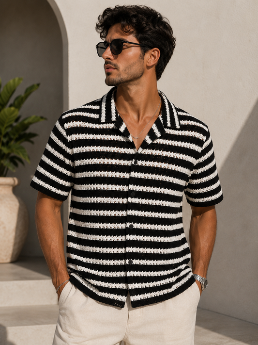 Camisa Crochet Rayas Blanco y Negro para Hombre | Arder República Dominicana