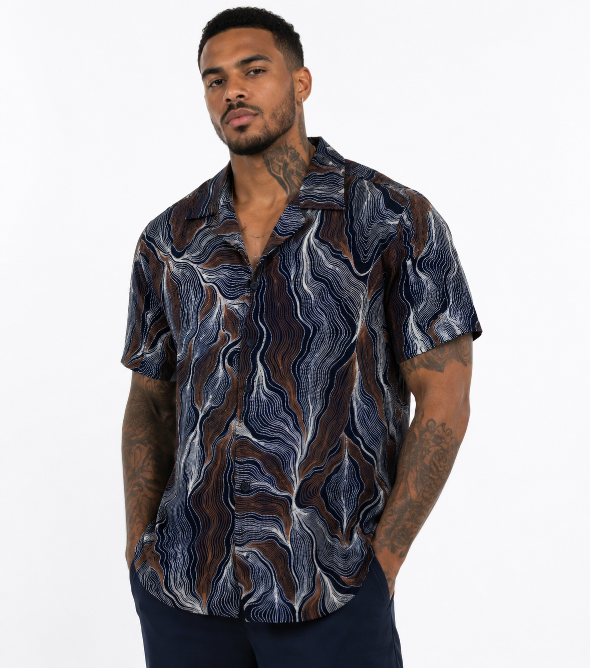 Camisa Resort Estampada Azul y Marrón para Hombre | Arder