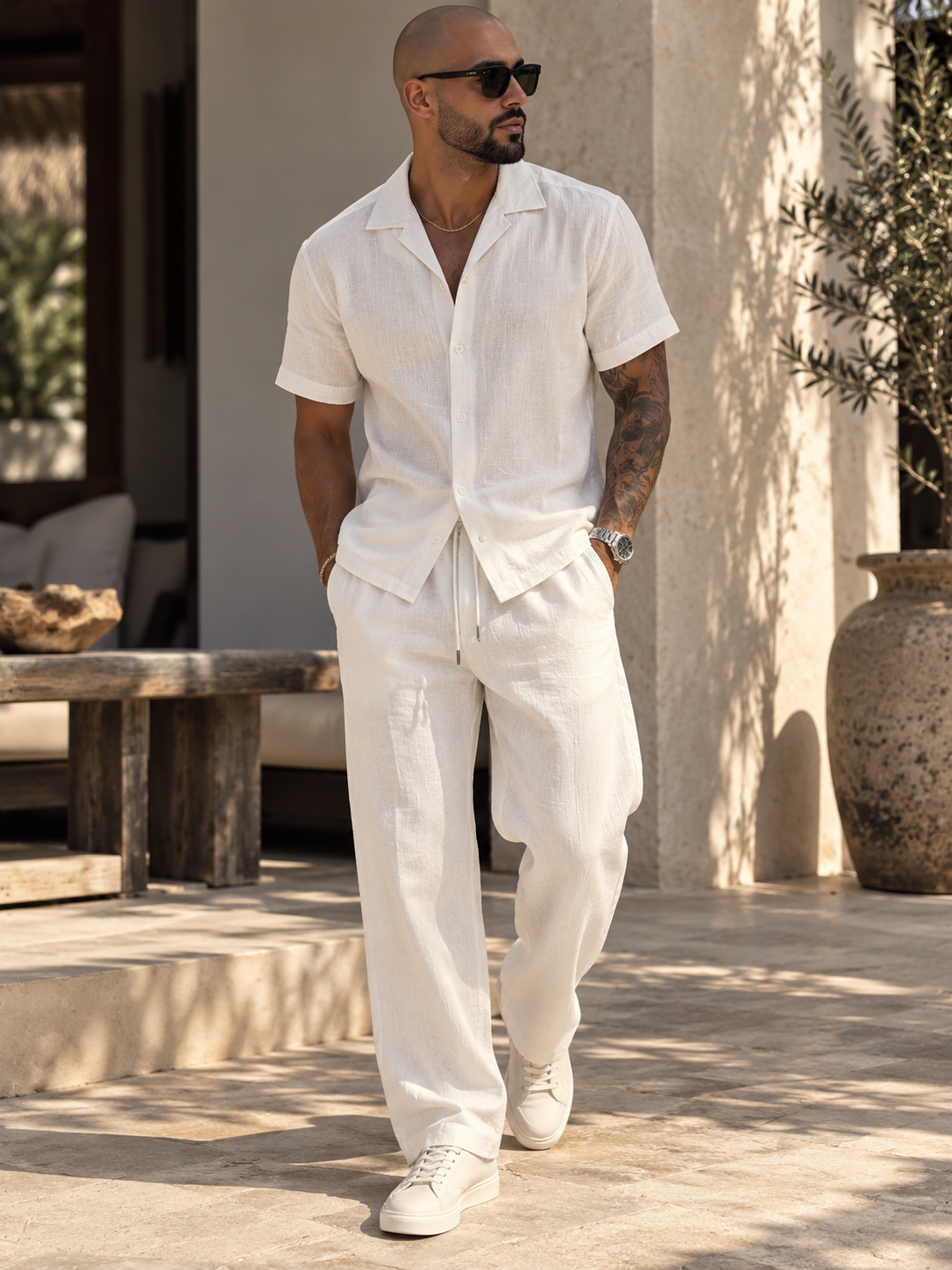 Conjunto Blanco para Hombre – Camisa Manga Corta y Pantalón