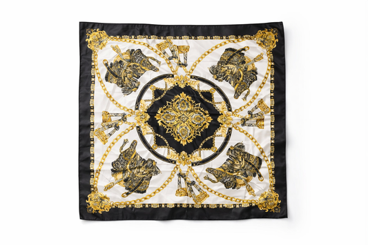 Bandana Satinada Negra con Diseño Dorado Ecuestre | Pañuelo de Moda Unisex