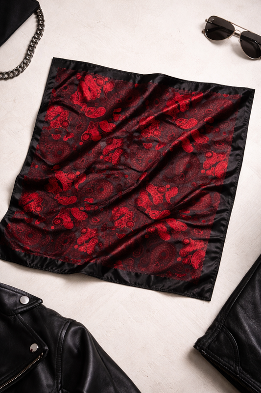 Bandana Satinada Negra con Diseño Rojo | Pañuelo Paisley para Cabeza Unisex