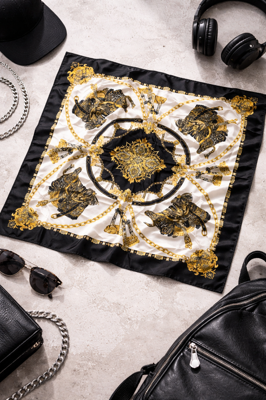 Bandana Satinada Negra con Diseño Dorado Ecuestre | Pañuelo de Moda Unisex