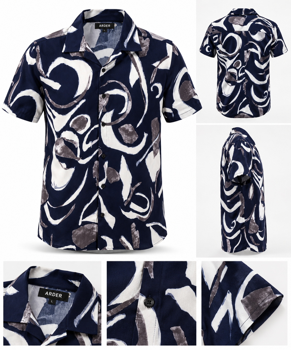 Camisa Hombre Manga Corta Estampado Abstracto Azul Marino – ARDER