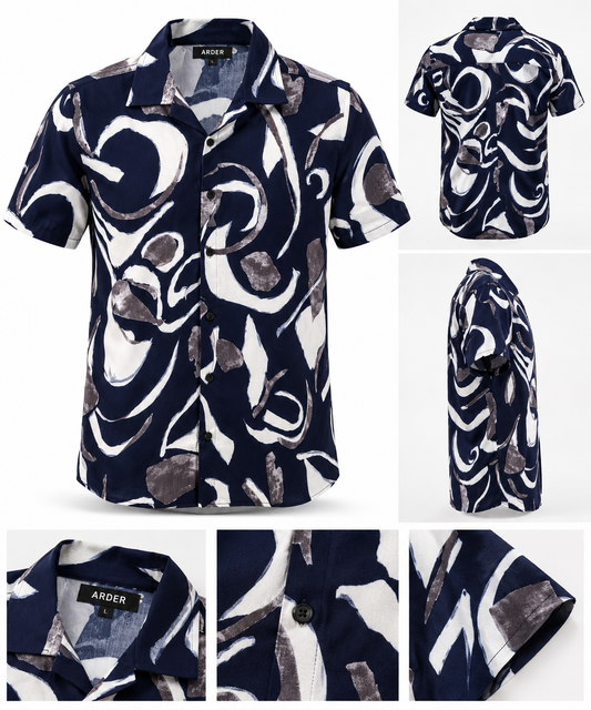 Camisa Hombre Manga Corta Estampado Abstracto Azul Marino – ARDER
