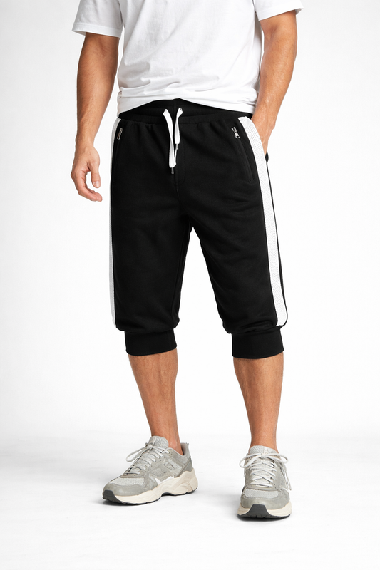 Jogger Corto Deportivo con Panel Lateral Mesh – Negro/Blanco