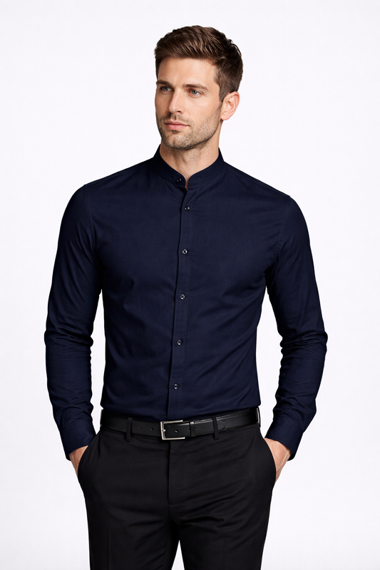 Camisa Hombre Navy Blue Slim Fit Cuello Mao | Elegante y Moderna