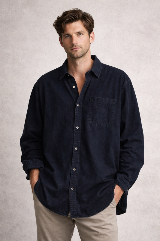 Camisa Oversize Hombre Navy Blue Denim – Manga Larga Casual Premium