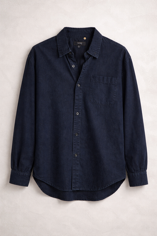 Camisa Oversize Hombre Navy Blue Denim – Manga Larga Casual Premium