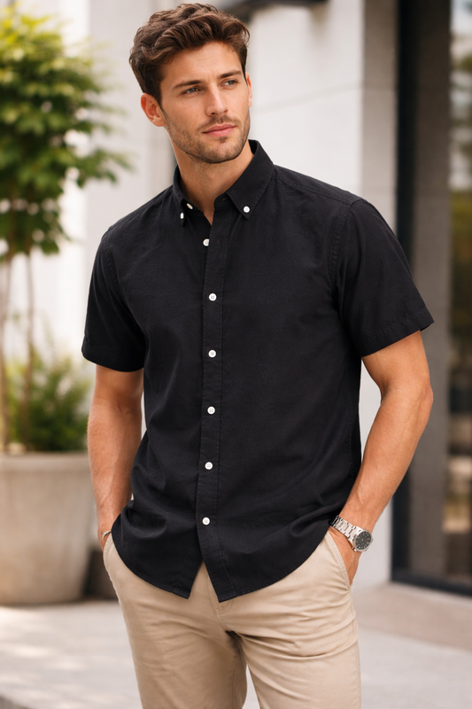 Camisa Negra Manga Corta Premium – Corte Slim Fit