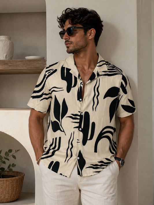 Camisa Beige Hombre Estampado Abstracto Premium | Manga Corta | ARDER