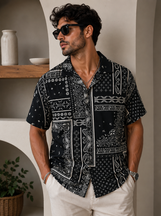 Camisa Negra Hombre Estampado Bandana Premium | Manga Corta | ARDER
