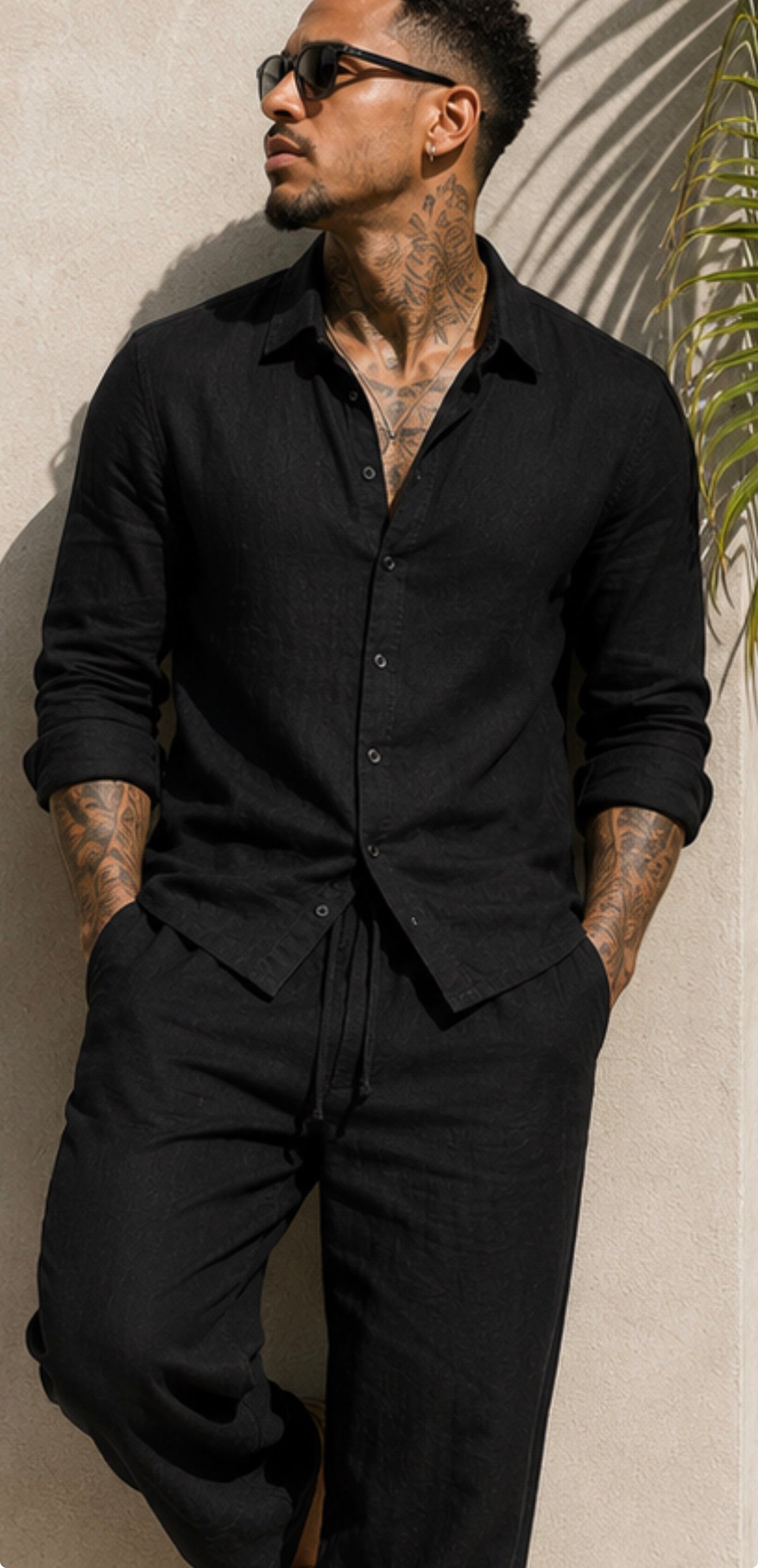 Camisa de Lino Negra Manga Larga para Hombre